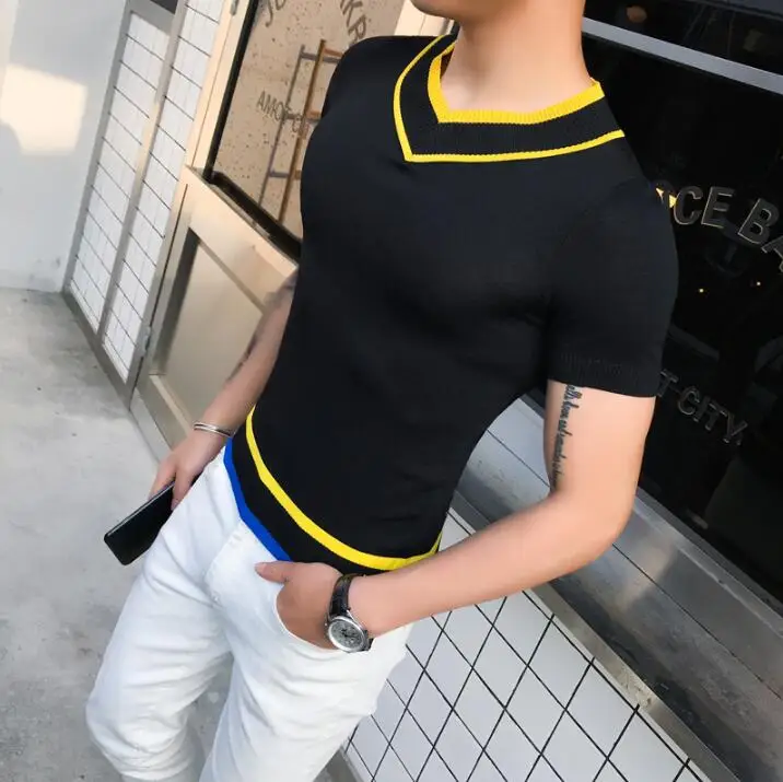 

Men Summer Short Sleeve V-neck Slim Fit Black White Casual Knitted T Shirt Male Fashion Bottoming Tshirt Business Tees Shirts