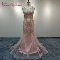 real photo plus size custom mermaid evening dresses luxury rhinestone dubai long pink crystal beaded formal party evening dress