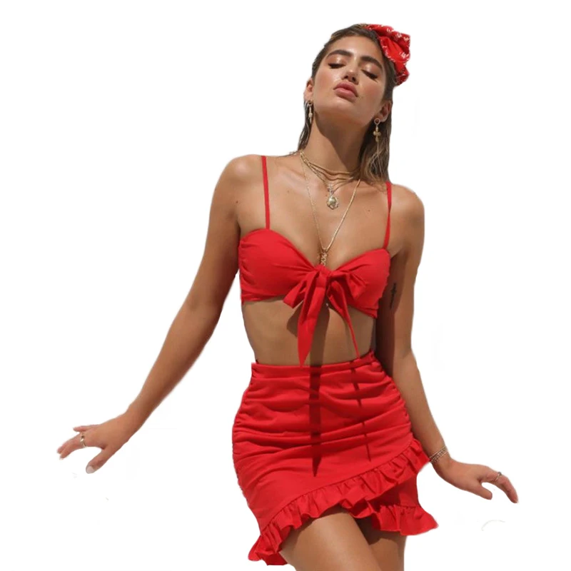 

Sexy Summer Women Ladies Red Sets Sleeveless Bowkont Sling Camis Crop Tops Ruched Mini Skirts 2Pcs Clubwear Women Outfits