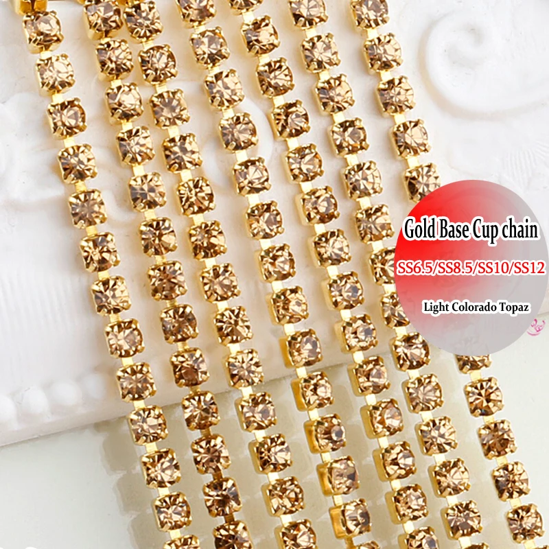 Золотая основа Обрезка цепочки из горного хрусталя SS12 светлый Колорадский топаз