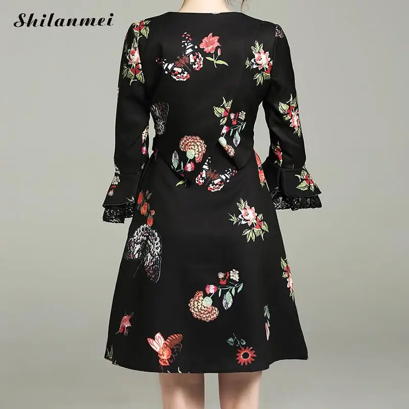 Кружева лоскутное элегантный рубашка платье с v образным вырезом принтом бабочки