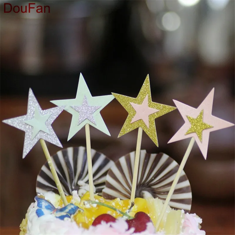 DouFan 20 шт. мерцающая звезда торт топпер украшение на день рождения серебро золото