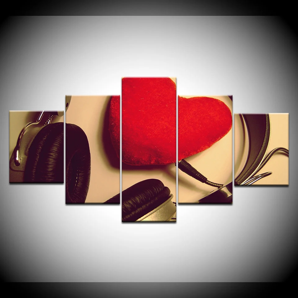 5 Panel/piece HD Print Take headphones red heart love fashion wall posters Canvas Art Painting For home living room decoration | Дом и сад