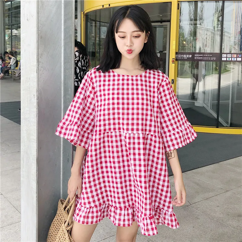 2018 Summer New Female Korean style loose Flare Sleeve short-sleeved Retro plaid Dress Student Fashion Sweet Cute | Женская одежда