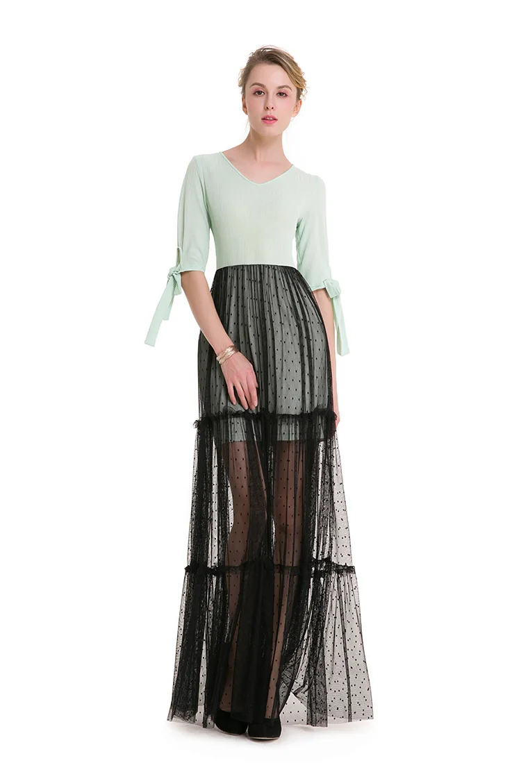 Новинка 2018 г. длинные кружевные платья из гренадина с коротким рукавом и V