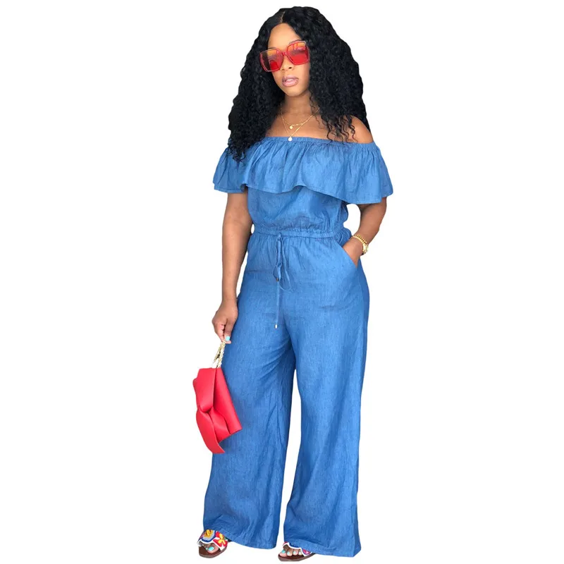 Синий джинсовый комбинезон для женщин с открытыми плечами и оборками боди