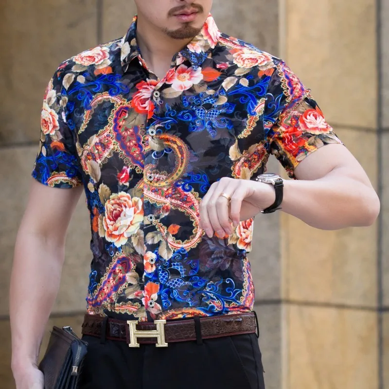 Видеть сквозь мужчин рубашка цветочные Гавайи футболка с рисунком мужские