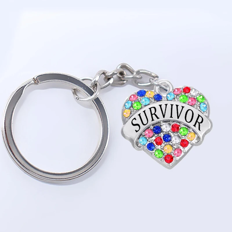 Exquisite Rhinestone inlaid heart-shaped metal lucky amulet jewelry keychain SURVIVOR bling pendant key chain | Украшения и