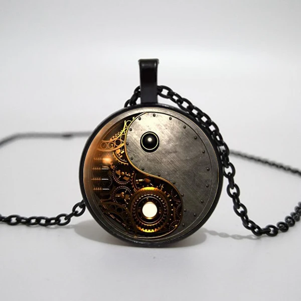 Стимпанк Ying Yang фото Тибет Серебрянные слитки круглый Стекло подвеска на цепочке