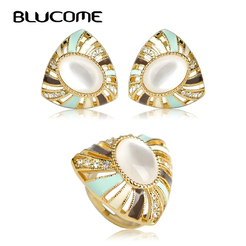 

Blucome Classic White Opal Stud Earring Ring Set Enamel Flower Jewelry Sets Aretes Bague Party Wedding Women Girls Bijuterias