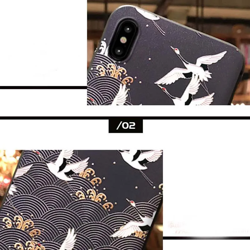 JIBAN Red Sun Flying Crane Phone Case For OPPO 17pro R11s R9s Plus XiaoMi 9 8se Mix2 5s Embossed Antique Silicone Soft Cover |