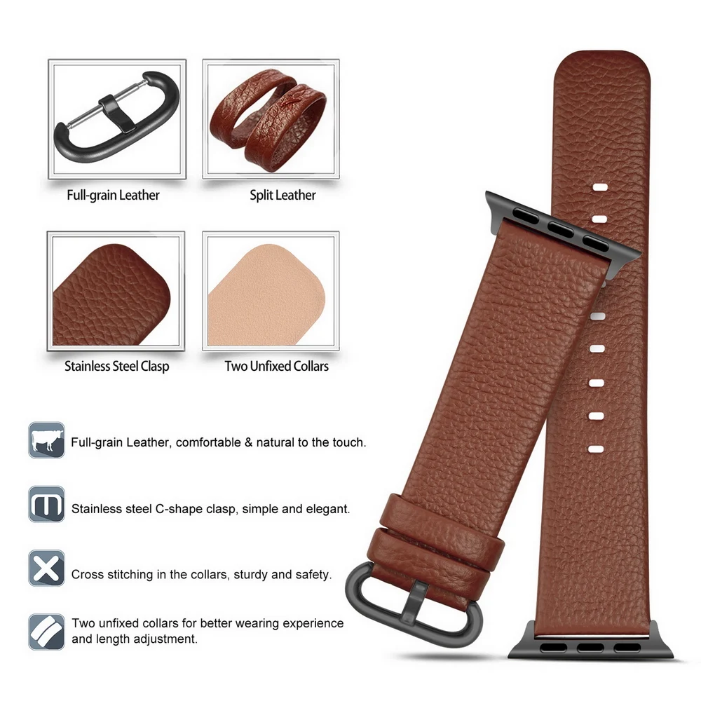 5 Colors Apple Watch Leather Band 45/44/42mm 41/40/38mm with Stainless Clasp, Strap for iWatch Series 7/6/SE/5/4/3