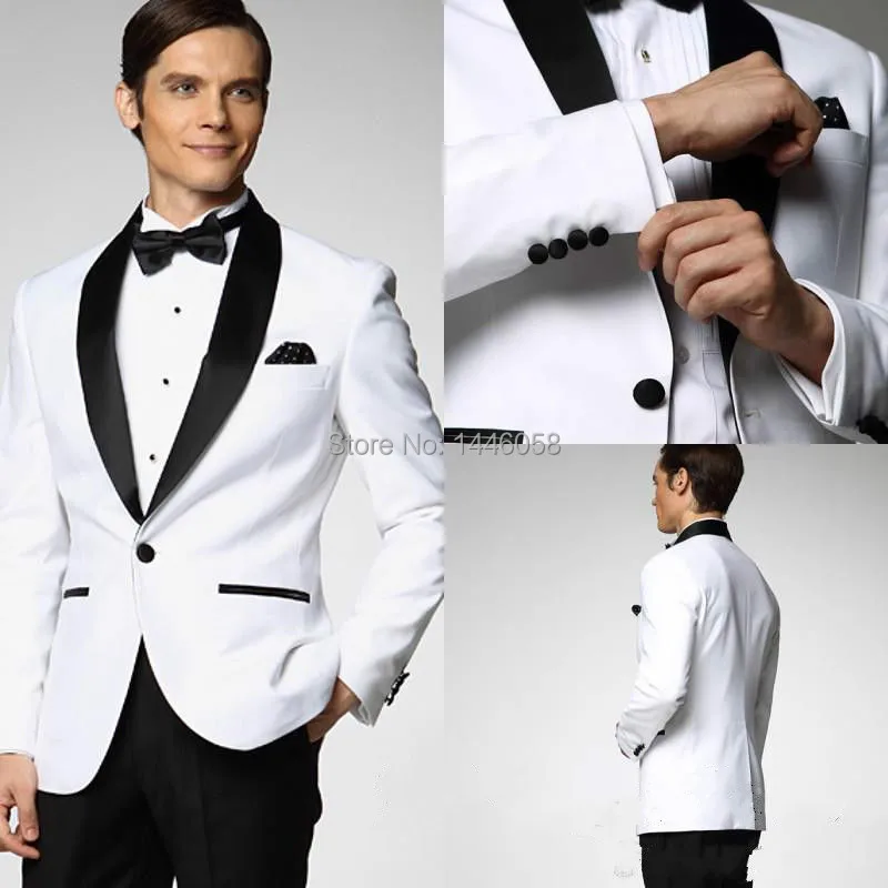 Jacket+Pants+Bow Groom Wedding Tuxedos One Button Men White Wedding Suit Black Lapel Groomsman Best Man Wedding Suits For Men