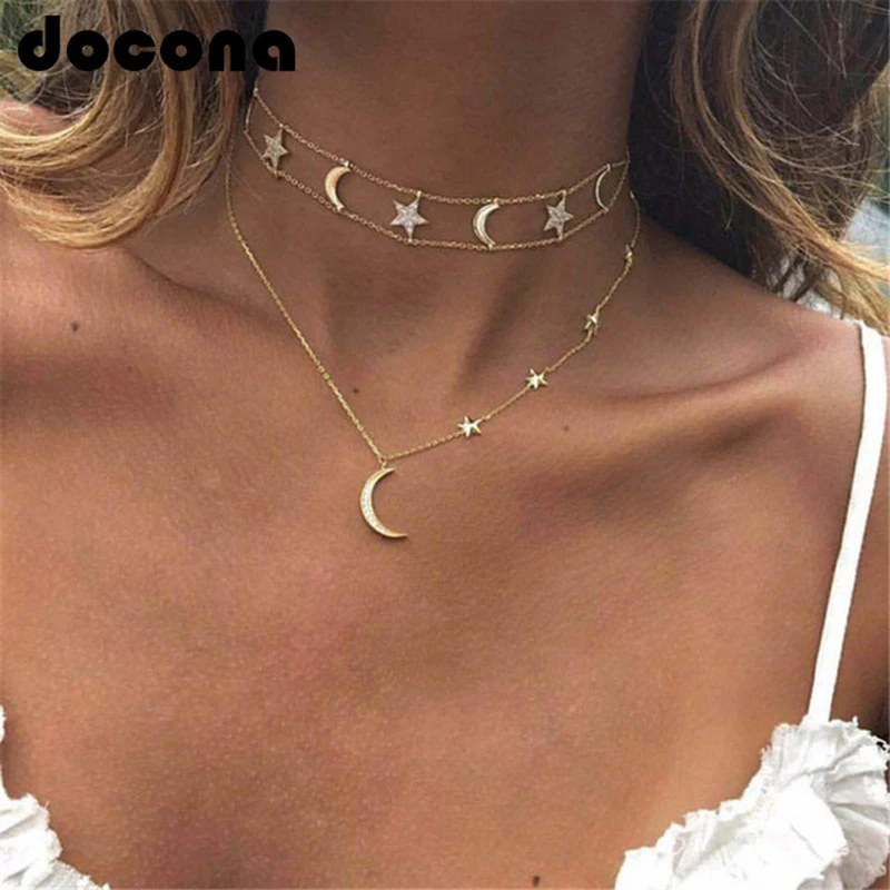 Docona роскошное кристаллическое ожерелье для женщин многослойная звезда луна