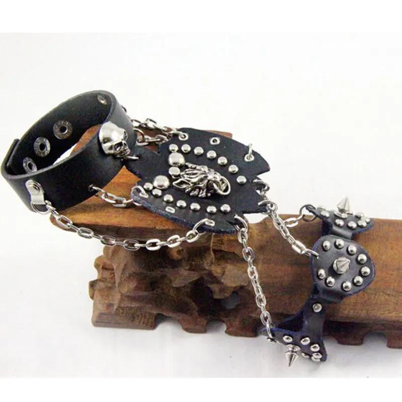 Панк заклепки Гав голова кожаный браслет рука с звеньями Цепи черная кожа ладони
