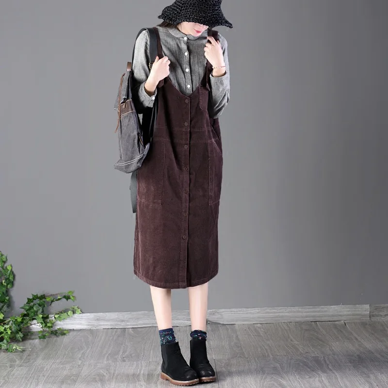 Женское винтажное платье-комбинезон Runback теплое вельветовое на бретельках с