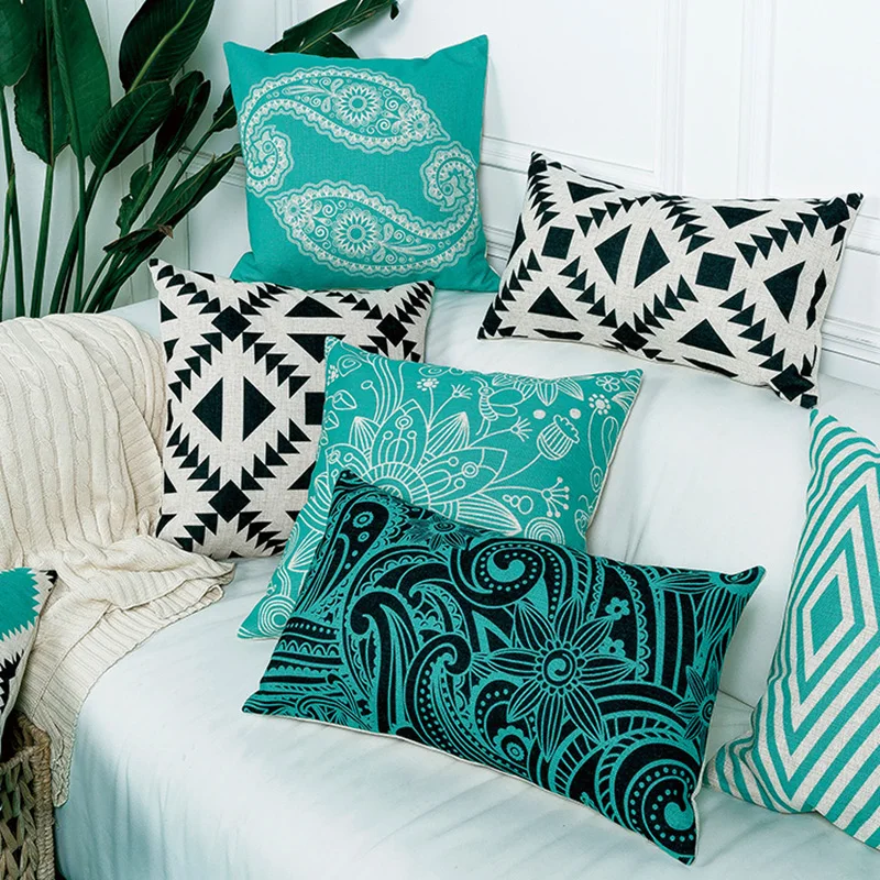 Оптовая продажа льняная наволочка для подушки винтажная синяя черная с