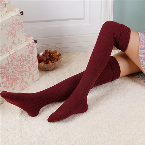 Wine red Женские зимние плотные теплые хлопковые чулки, модные ботфорты выше колена для женщин, однотонные длинные носки высокого качества - Цвет: Wine red