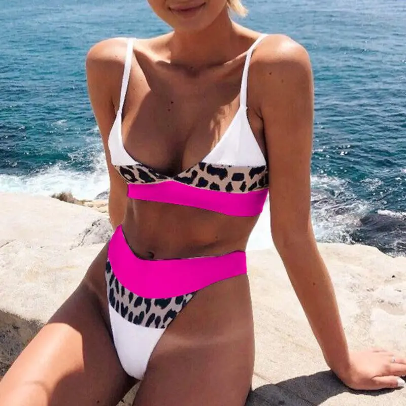 Леопардовый принт пэтчворк стринги с высоким вырезом треугольный купальник