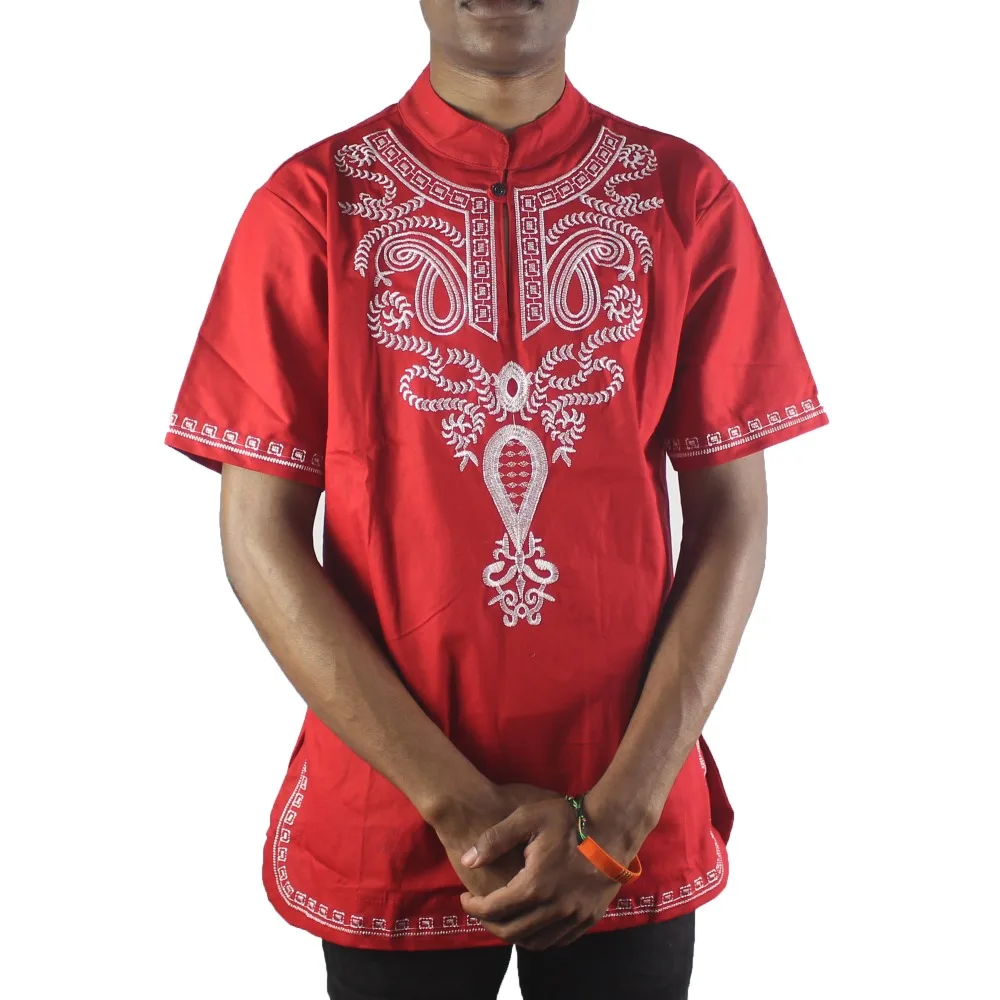 Африканские Красные Вышитые мужские Дашики топы с воротником стойкой Боковым
