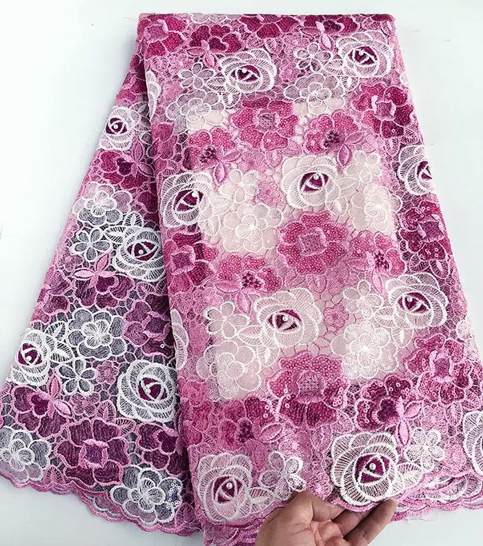 Pink Silver Многоцветный повторяющийся блёстки Африканский Французский кружево Тюль Ткань блеск и высокое качество 5 ярдов за штуку - Цвет: Pink Silver