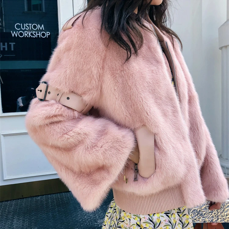 Mink Whole Fur Women short Sportswear with O-neck Collar Winter Thick Slim Warm Female Mink Fur Jacket