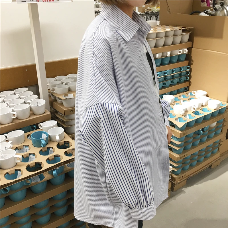 Весна Корейский негабаритных синий летучая мышь рубашки с длинным рукавом для