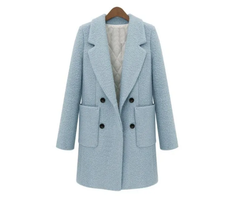Женское шерстяное пальто простое длинное из твида бирюзового синего и белого