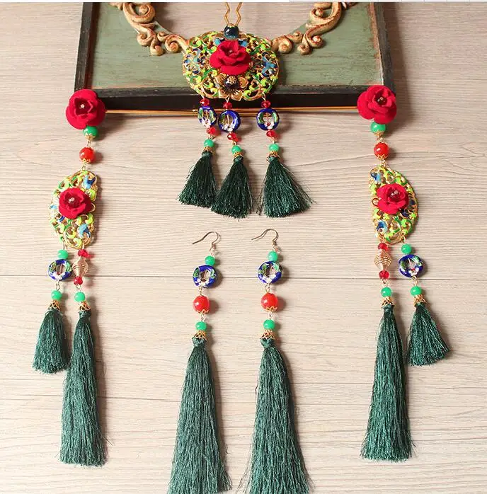 Cloisonne зеленый tassle Ориент волос палочки диадема невесты Свадебные Заколки серьги