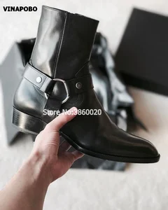 Ботинки-челси VINAPOBO мужские из натуральной кожи, лоферы на плоской подошве, с ремешком и пряжкой, роскошные брендовые, черные, 2018