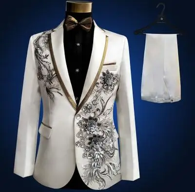 4 Модные костюмы для мужчин дизайн блейзера Рождество белый вышитый Свадебный Мужской представление официальные костюмы для певцов - Цвет: 4