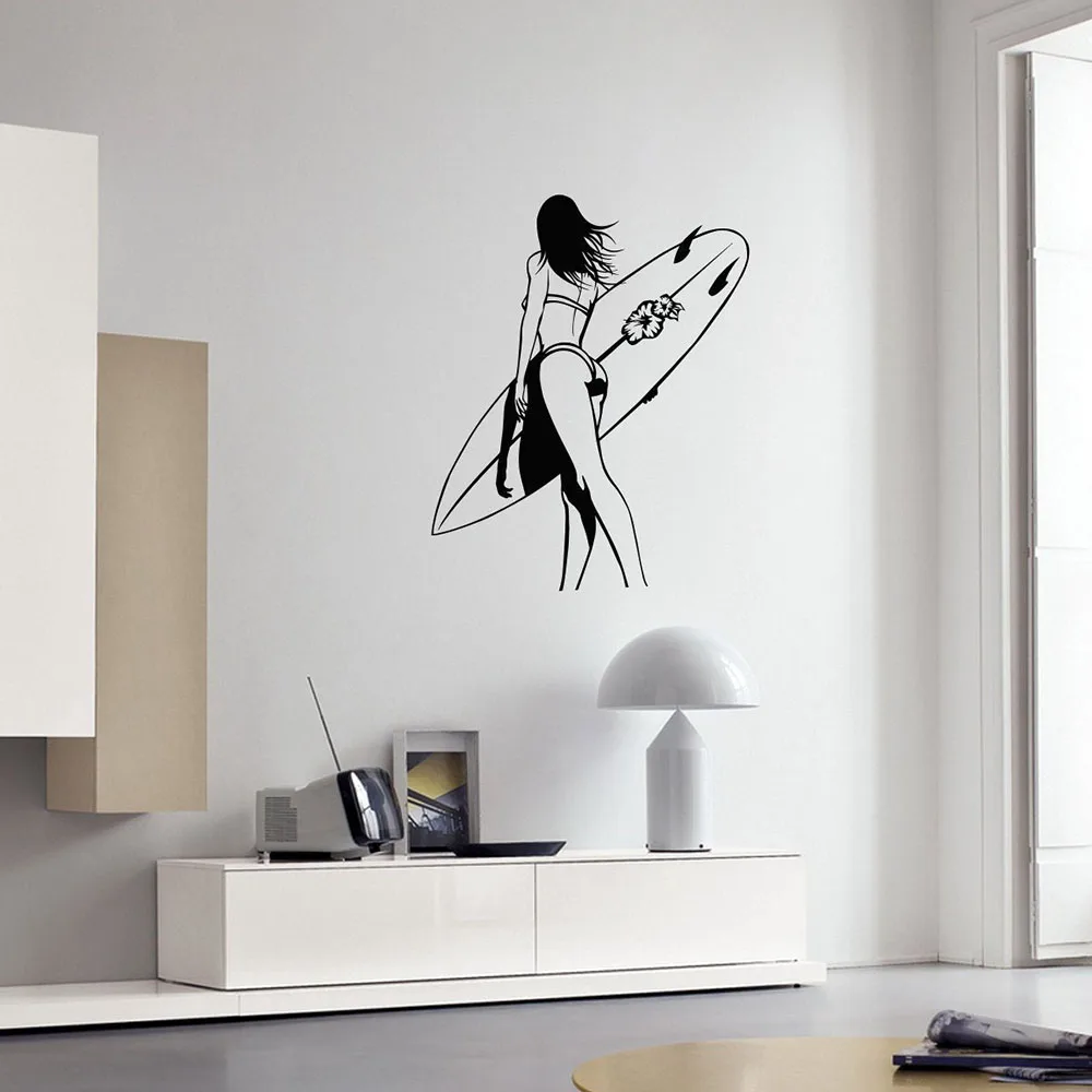 

Hot Sexy Woman Surfing Girl Vinyl Wall Art Sricker Surfer Sport Stickers Mural Beach Style Modern Home Decoration Decals G599