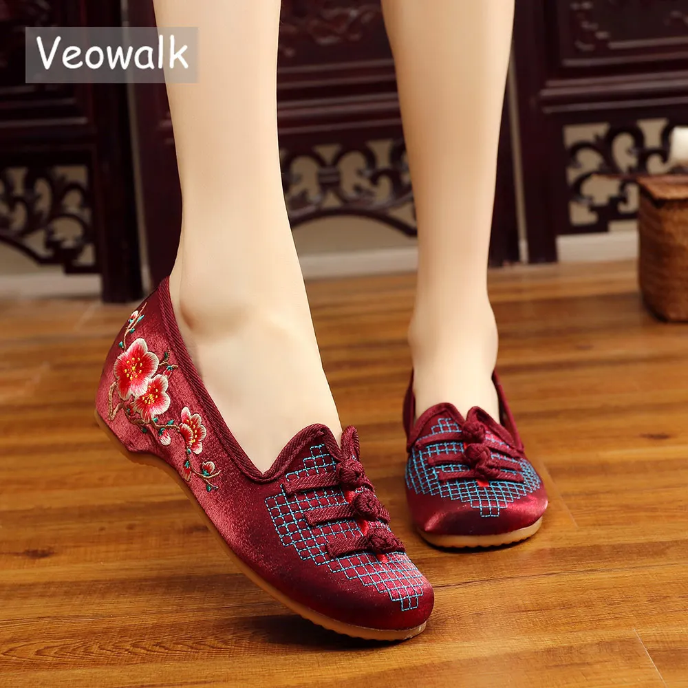 Женские винтажные балетки Veowalk из шелка и хлопка с вышивкой на плоской подошве
