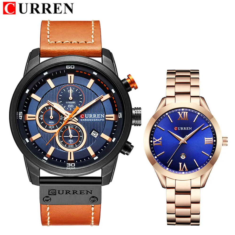 Brown black blue Curren женские мужские и женские парные кварцевые часы набор для мужчин и женщин для влюбленных модные повседневные спортивные часы стальной кожаный набор наручных часов - Цвет: Brown black blue