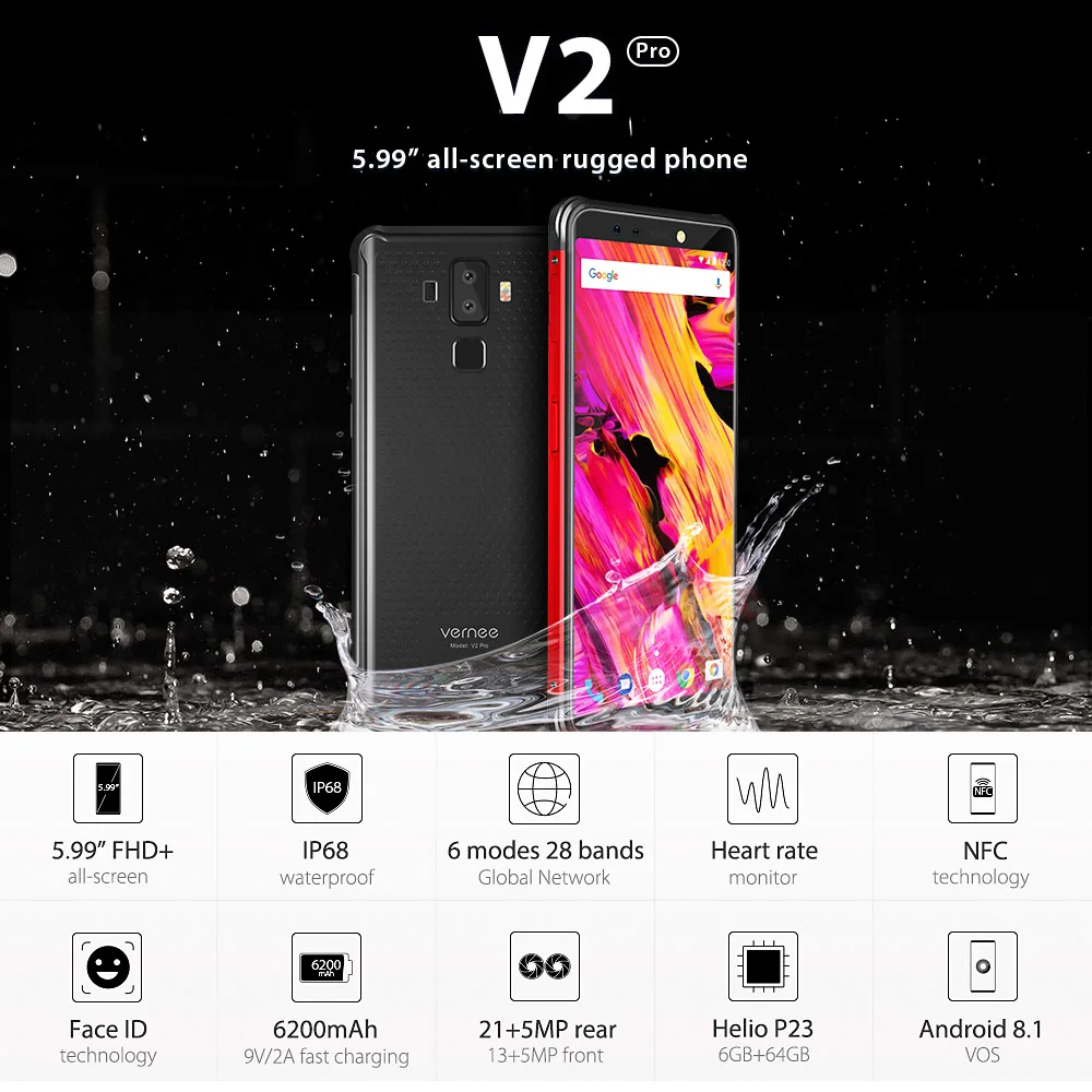 Vernee V2 Pro 4G мобильный телефон IP68 Водонепроницаемый FHD+ 2160*1080p Face ID 6 ГБ+ 64 ГБ 21 Мп+ 5 Мп 13 МП+ 5 МП 4 камеры 6200 мАч прочный телефон