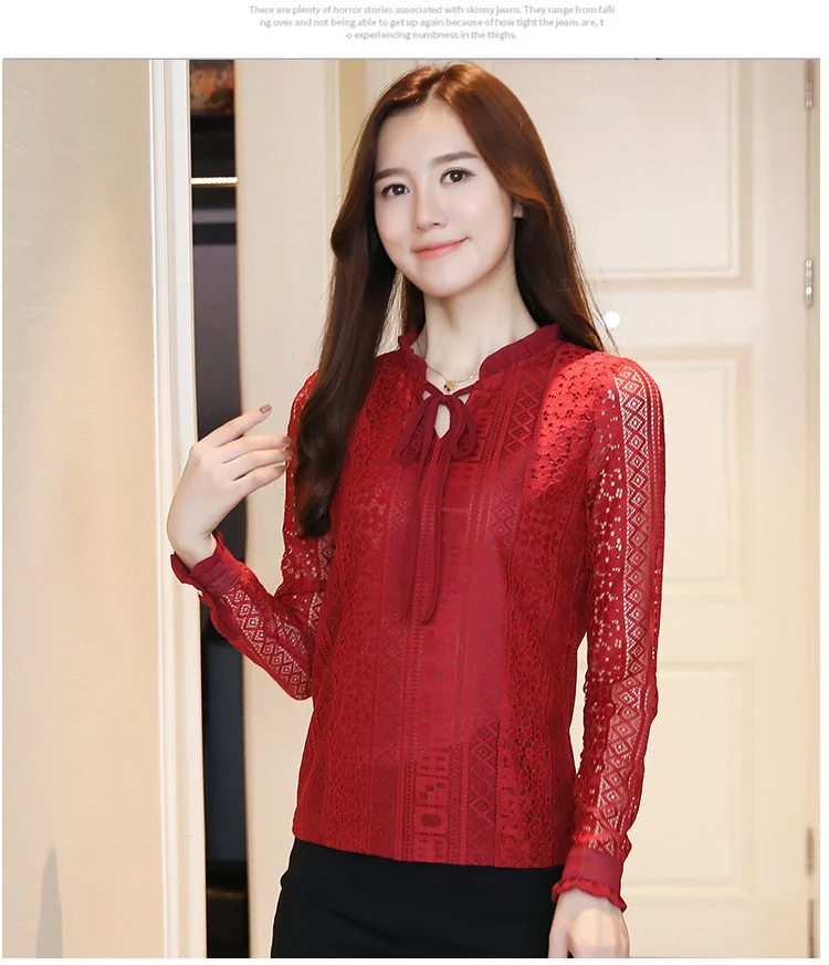 Женская кружевная блузка с длинным рукавом Повседневная однотонная милая v