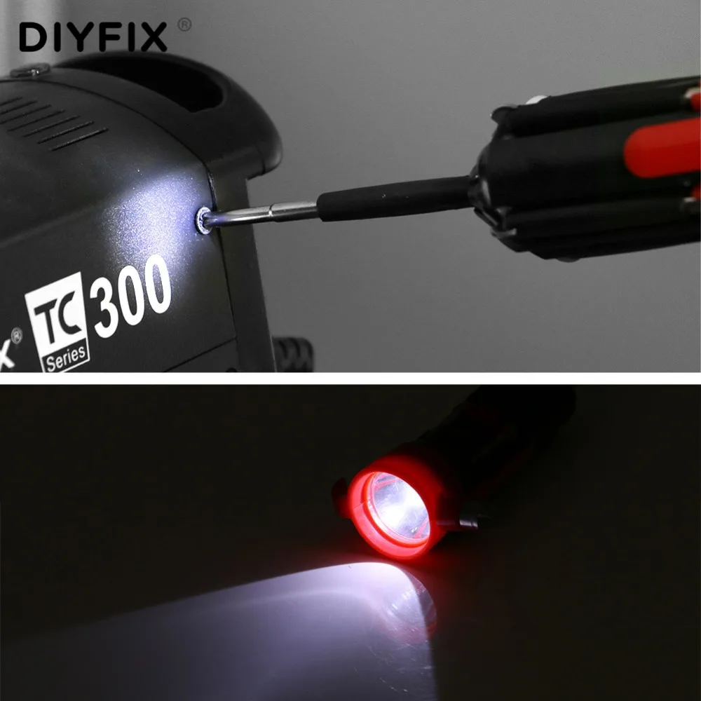 DIYFIX Portable 8 in 1 Screwdriver Set with 6 Both End LED Powerful Torch emergency Life hammer Multifunctional outdoor tool set |
