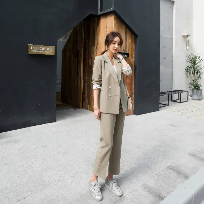 

2019 ladies suit autumn new fashion double-breasted solid color suit casual slim straight nine pants two sets of wild women