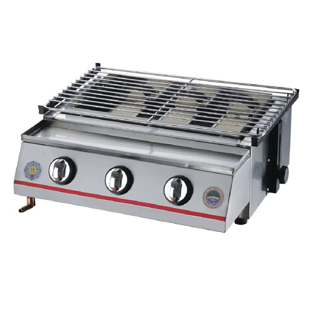 Barbecue LPG Gas Grill BBQ Grill 3 Burners Smokeless Environmental Grill With Stainless Steel Or Glass Shield