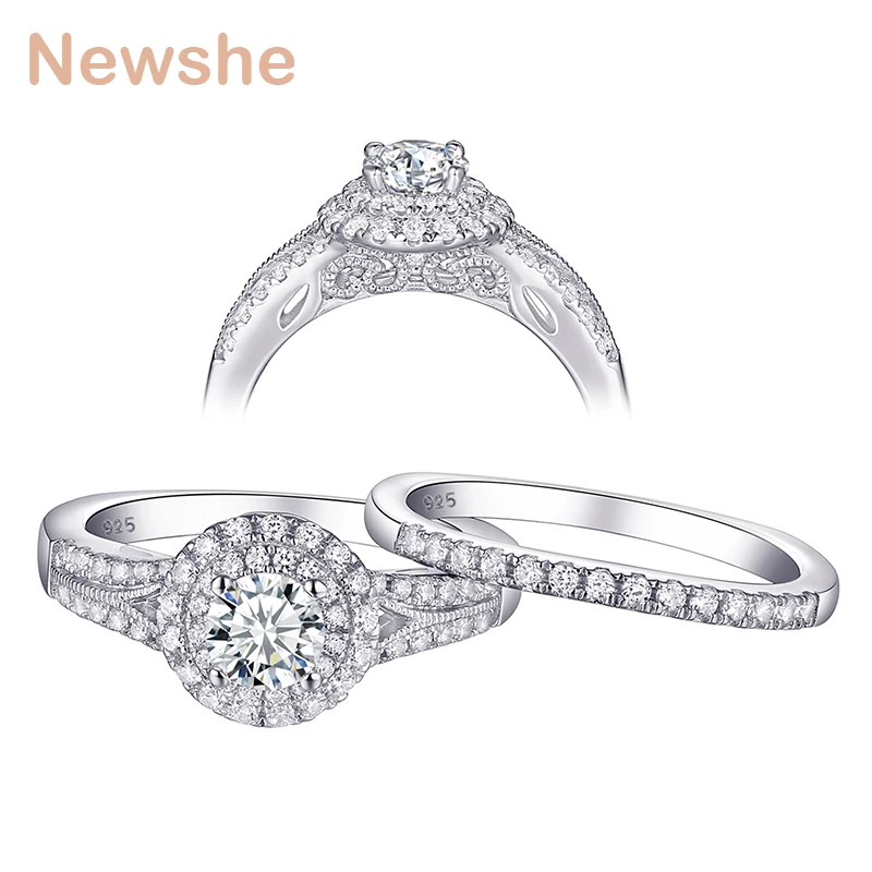 Newshe Solid 925 серебро Halo обручальное кольцо набор обручальные кольца классические ювелирные изделия для женщин 1Ct Круглой Огранки AAA CZ 1R0026