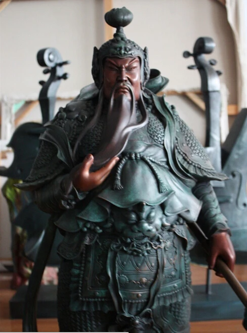 35 Китай Бронза Медь Скульптура Гуань Гун Юй Воин Дракон Будда Меч Статуя (0319