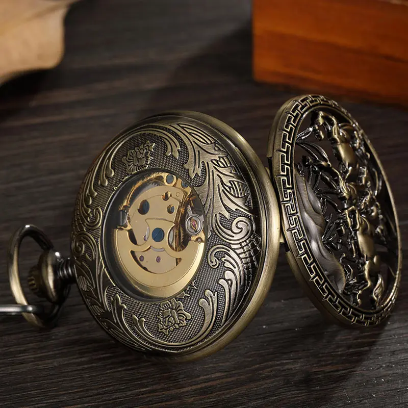 Vintage Bronze Hollow Horse Men Mechanical Pocket Watch Necklace Retro Carved Skeleton Steampunk Fob Hand With Roman Gift | Наручные часы