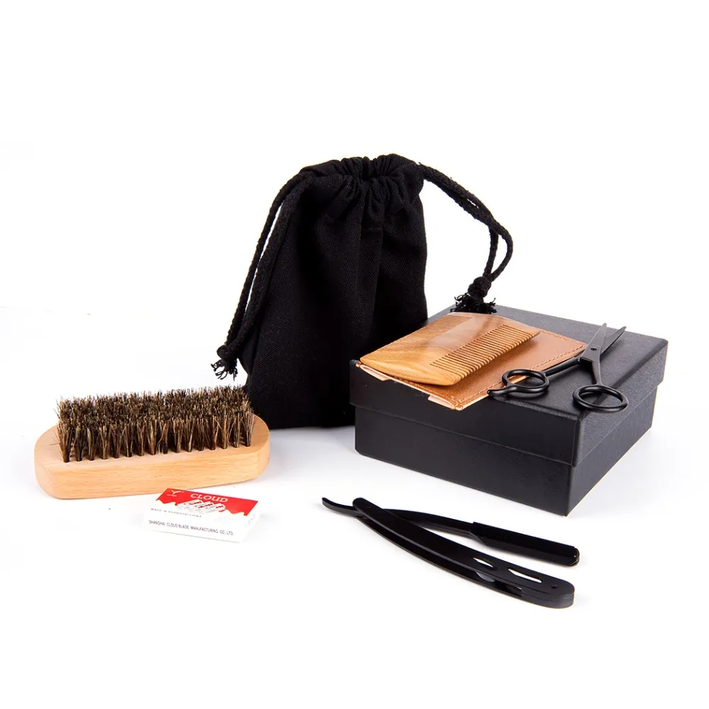 ZY Beard Grooming Kit For Men Boar Bristle Brush+Beard Scissors+Straight Edge Razor+Double Edged Hair Comb+Bag Perfect Gift | Красота и