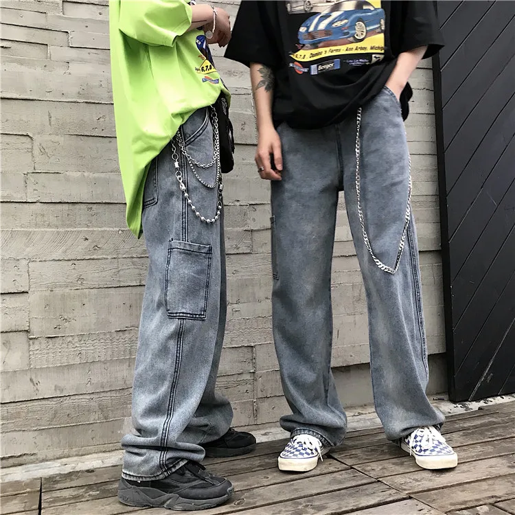 Новинка лета, корейский стиль ulzzang Harajuku, винтажные джинсы с низкой талией, шикарные уличные свободные прямые женские повседневные джинсы с карманами в стиле хип-хоп