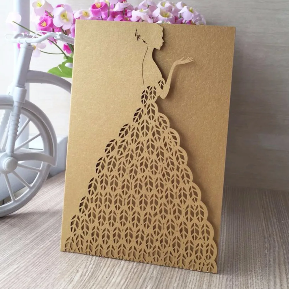 

30/lot Delicate design beautiful dress design wedding invitaion card Laser Cut Invitation,Custom card printing 24 colors
