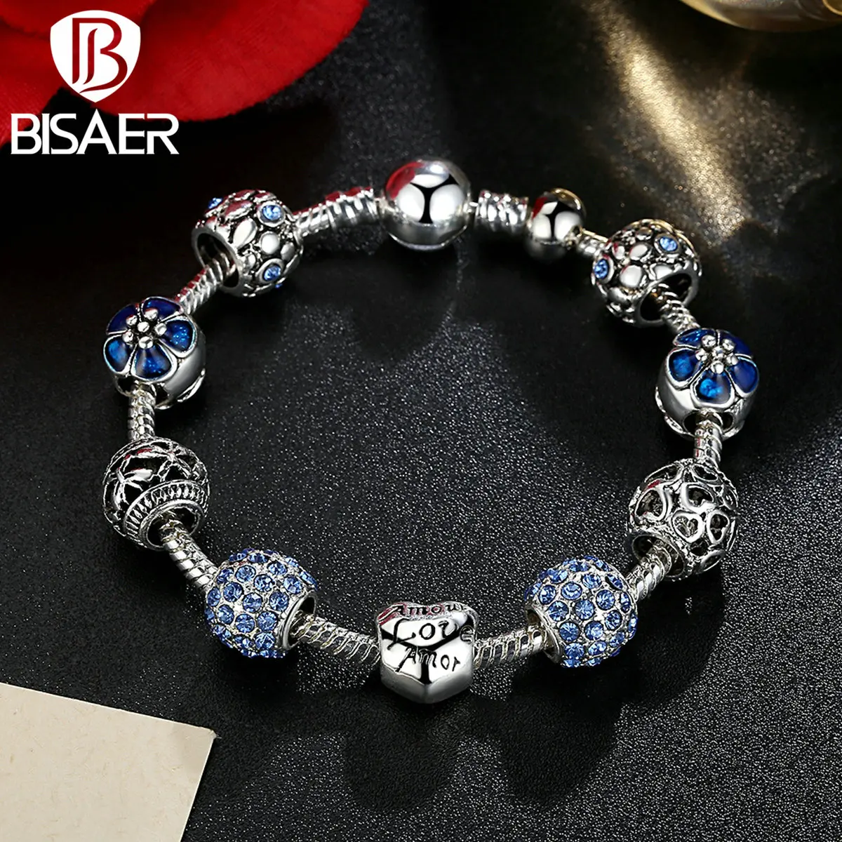 BISAER, 3 цвета, серебряный цвет, ажурное сердце, синий муранский бисер, очаровательные браслеты и браслеты для женщин, ювелирные аксессуары HJ1503