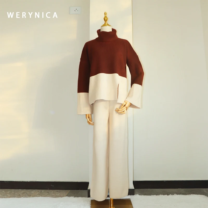 Werynica модные однотонные женские брючные костюмы водолазка свободный свитер с