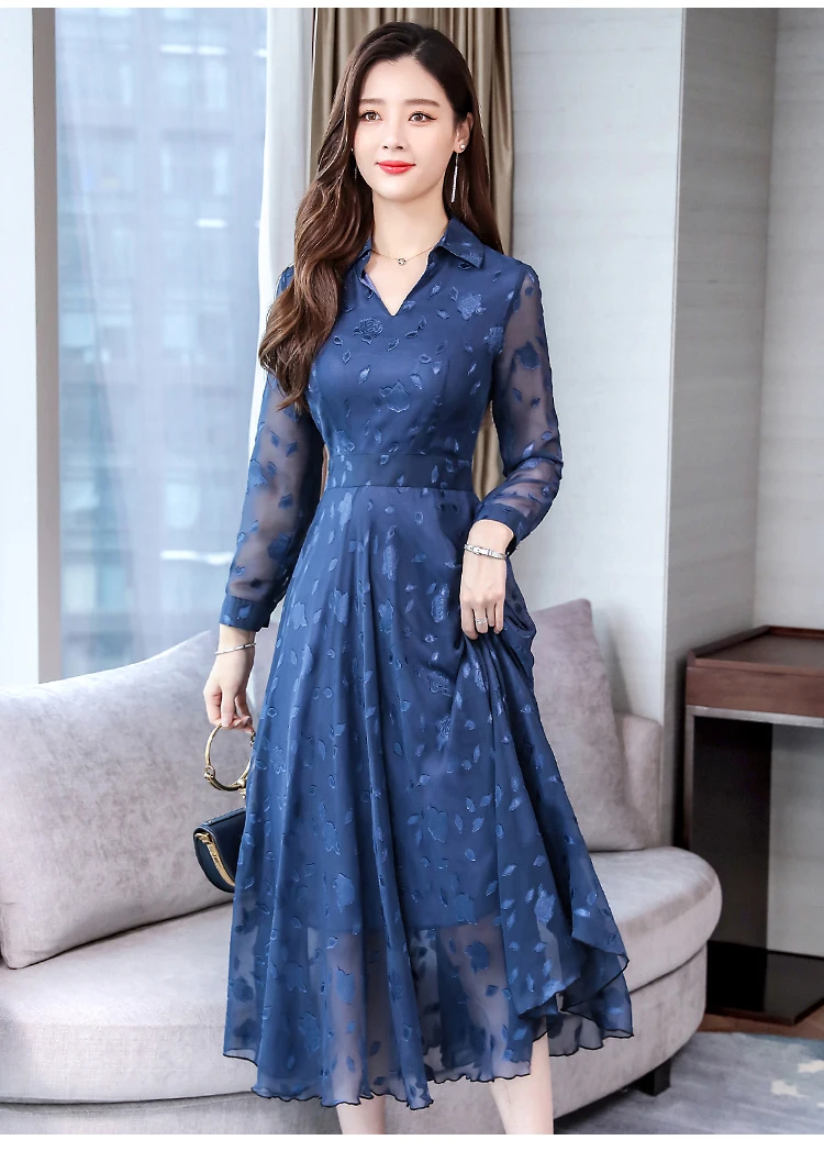 Dingaozlz Vestidos, M-3XL, новинка, отложной воротник, повседневное платье, тонкий длинный рукав, плюс размер, платье,, Осеннее шифоновое платье