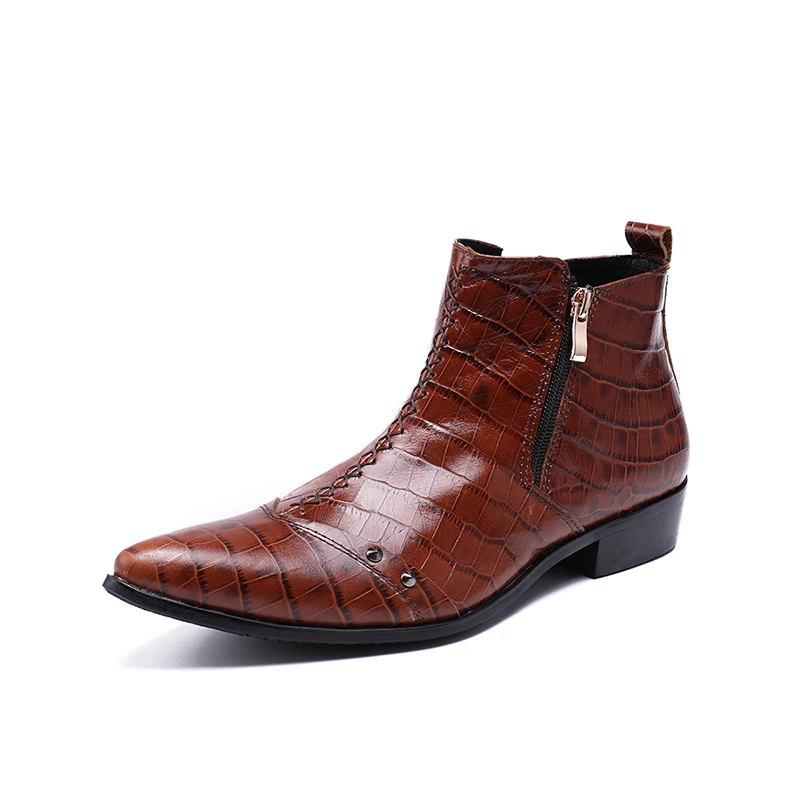 Fashion Men Dress Shoes Genuine Leather Rivets Studded Ankle Boots Pointed Toe Men's Double Zipper Military Cowboy Boot | Обувь
