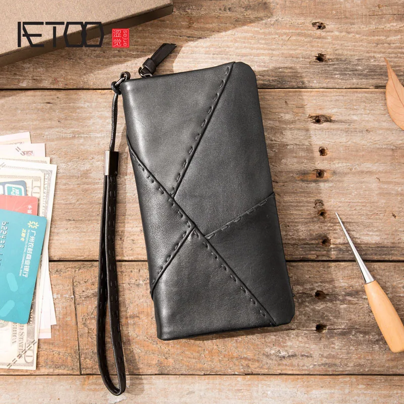 Мужской кожаный кошелек AETOO большой вместительный ручной работы из воловьей кожи